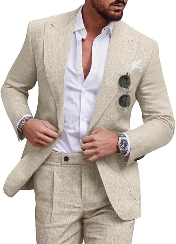 Linen Men’s Suit Set Casual Tuxedo 2 Piece Regular Fit Blazer One Button Jacket