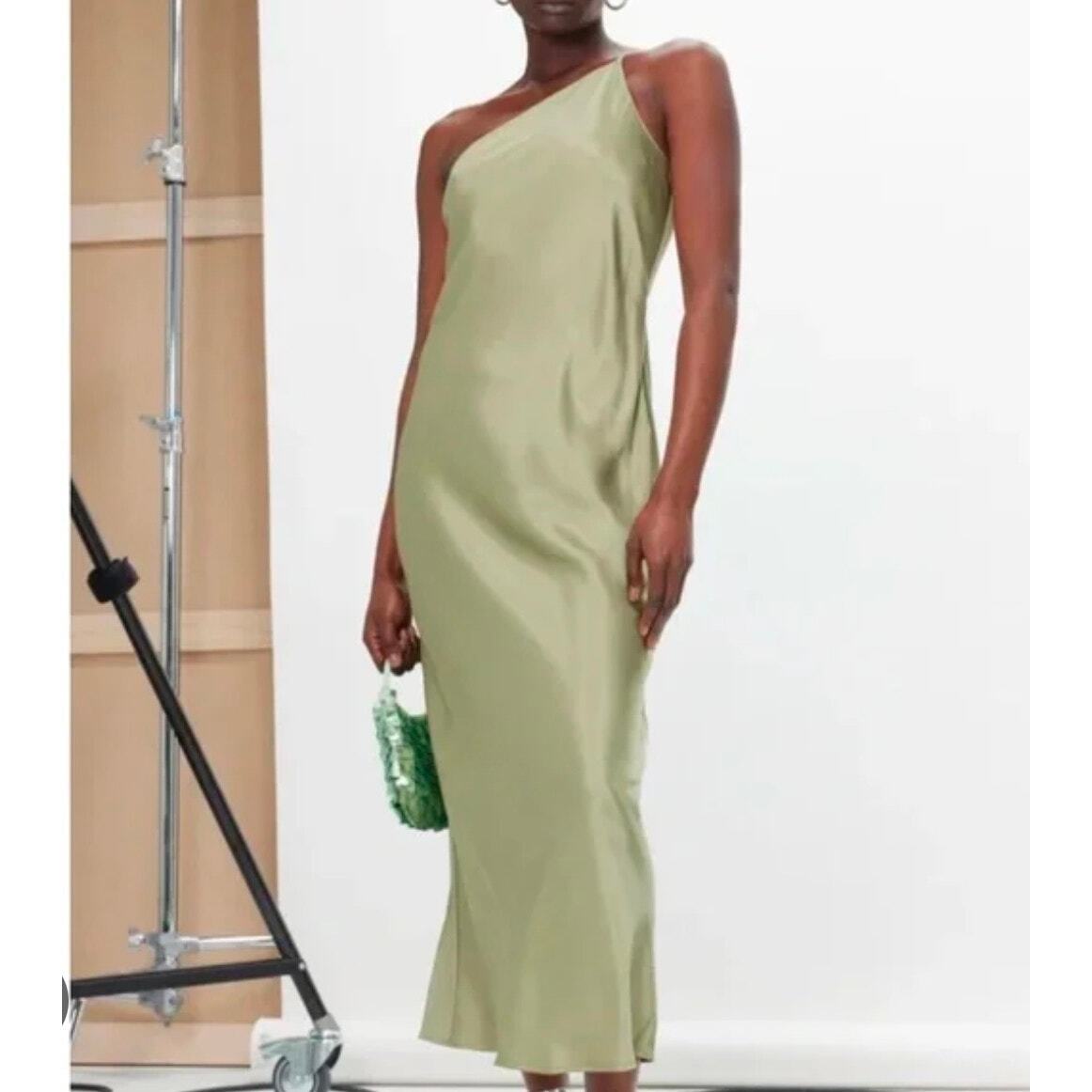 Reformation Olesia Dress Artichoke Satin Green One Shoulder size 8