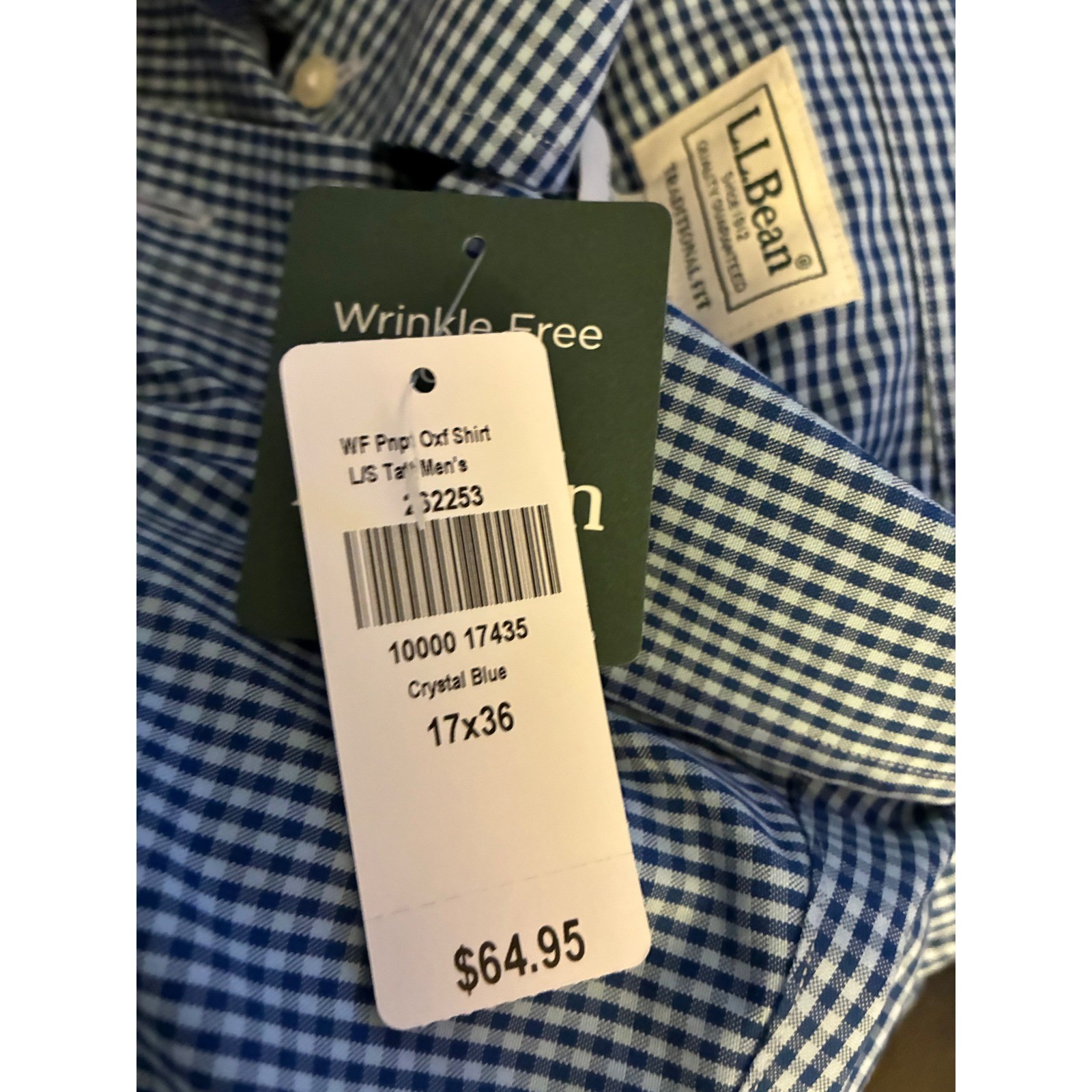 L.L. Bean Button Down Mens 17×36 Blue Gingham Wrinkle Free Oxford Shirt Preppy