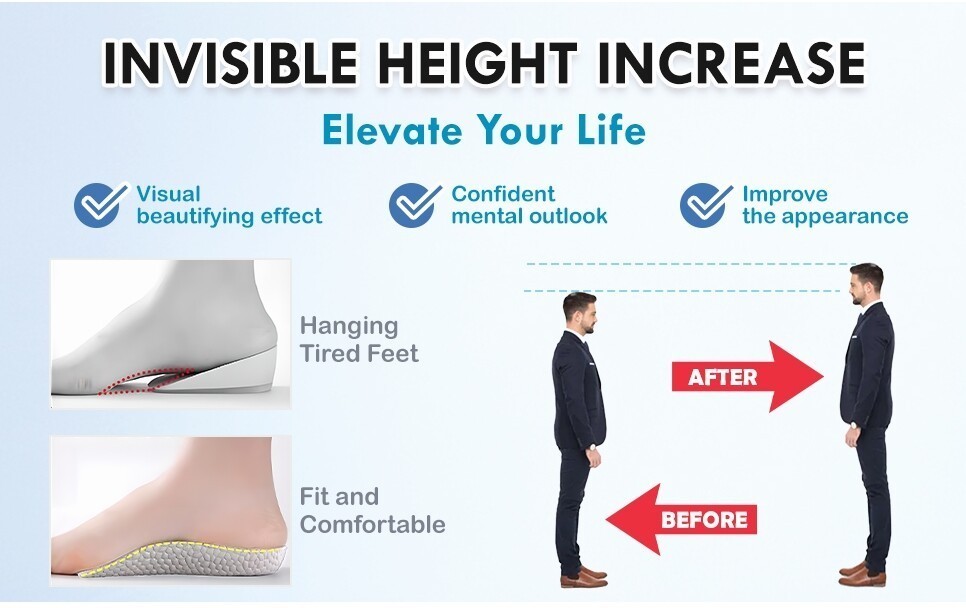 Height Increase Insoles Invisible Heel Lift Taller Shoe Inserts Pad Men Women US