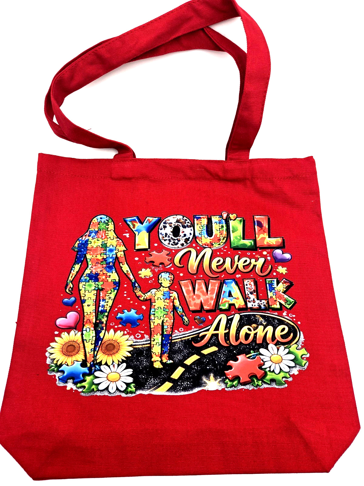 Autism Awareness Tote Bag Red 13.5×13.5in Carry Handle Graphic Canvas