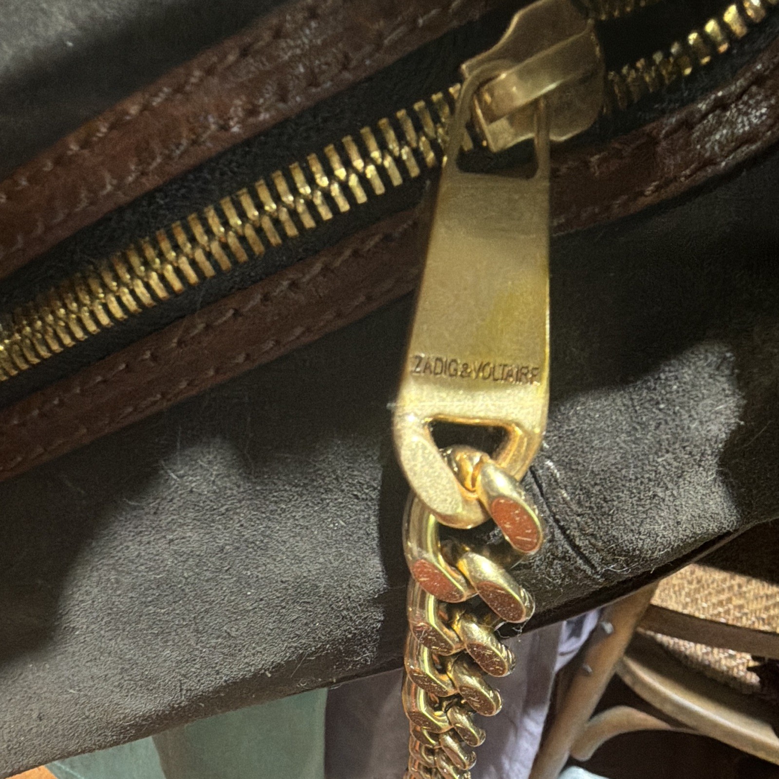 Zadig & Voltaire Black Shoulder Bag Zip Closure Gold Hardware Chain Detach Strap