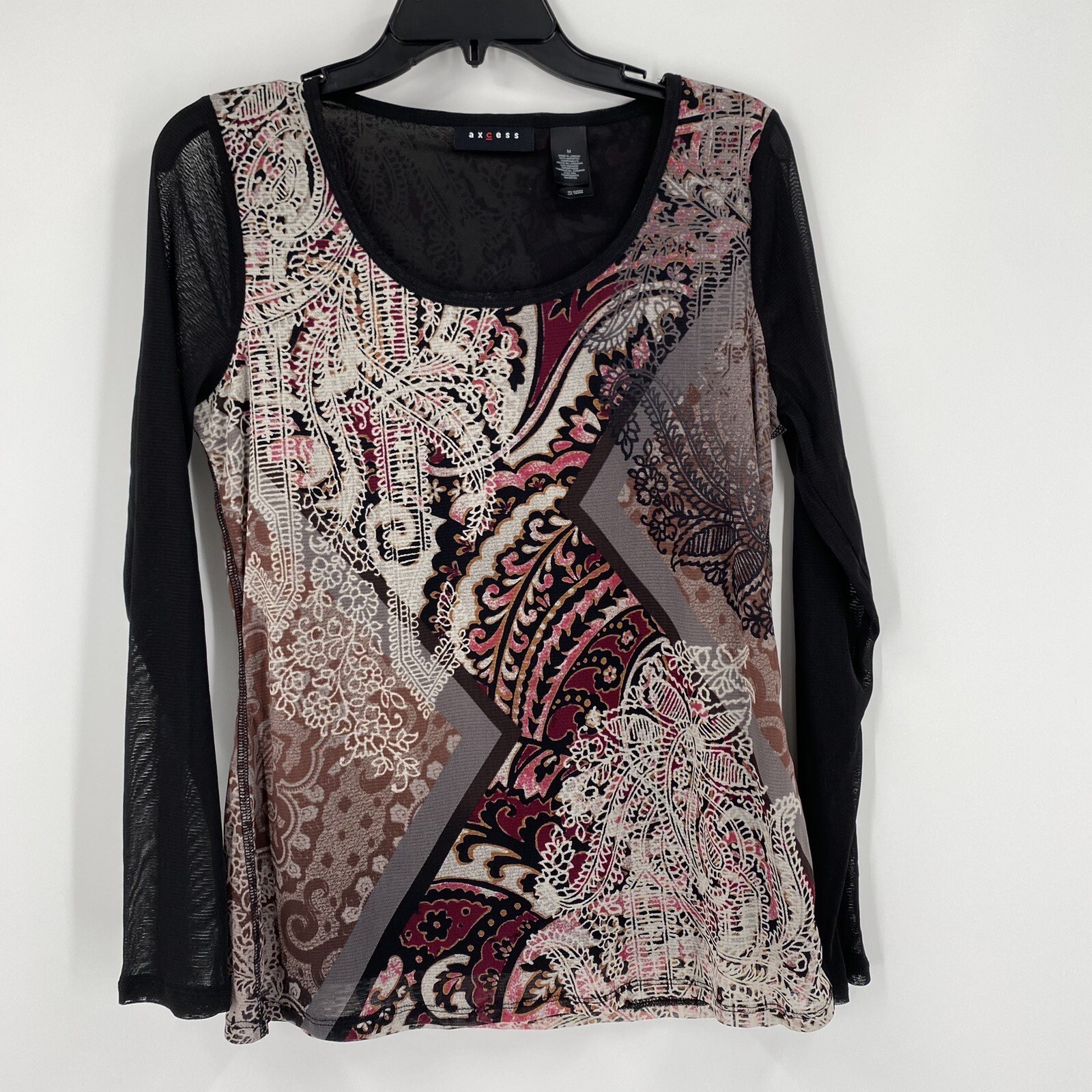 Axcess Women’s Round Neck Mesh Long Sleeve Paisley Print Blouse Size M