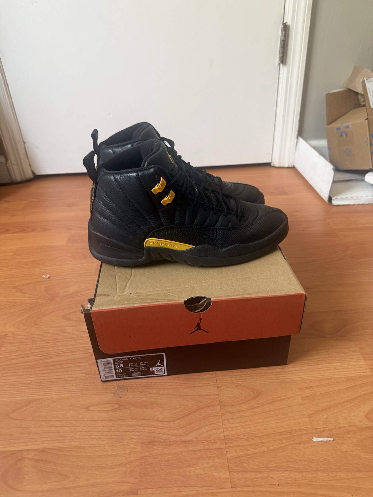 Jordan Air Jordan 12 Black/Yellow Solid High Top Lace-Up Basketball Sneakers