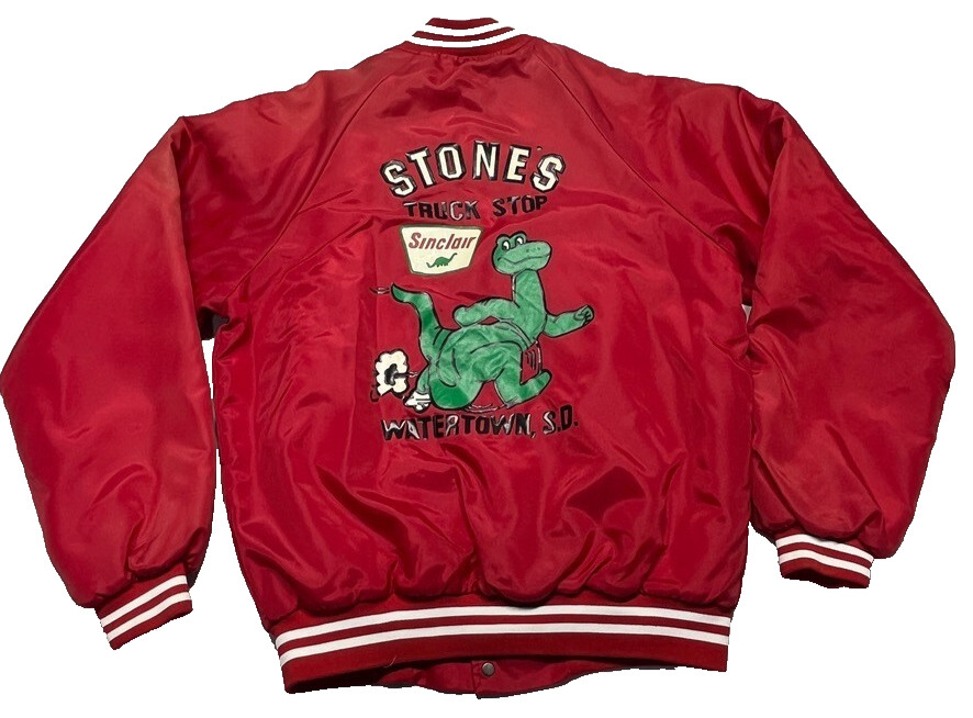 Vintage 80s Hartwell Jacket Mens Medium Red Dinosaur Truck Stop Snaps Sinclair