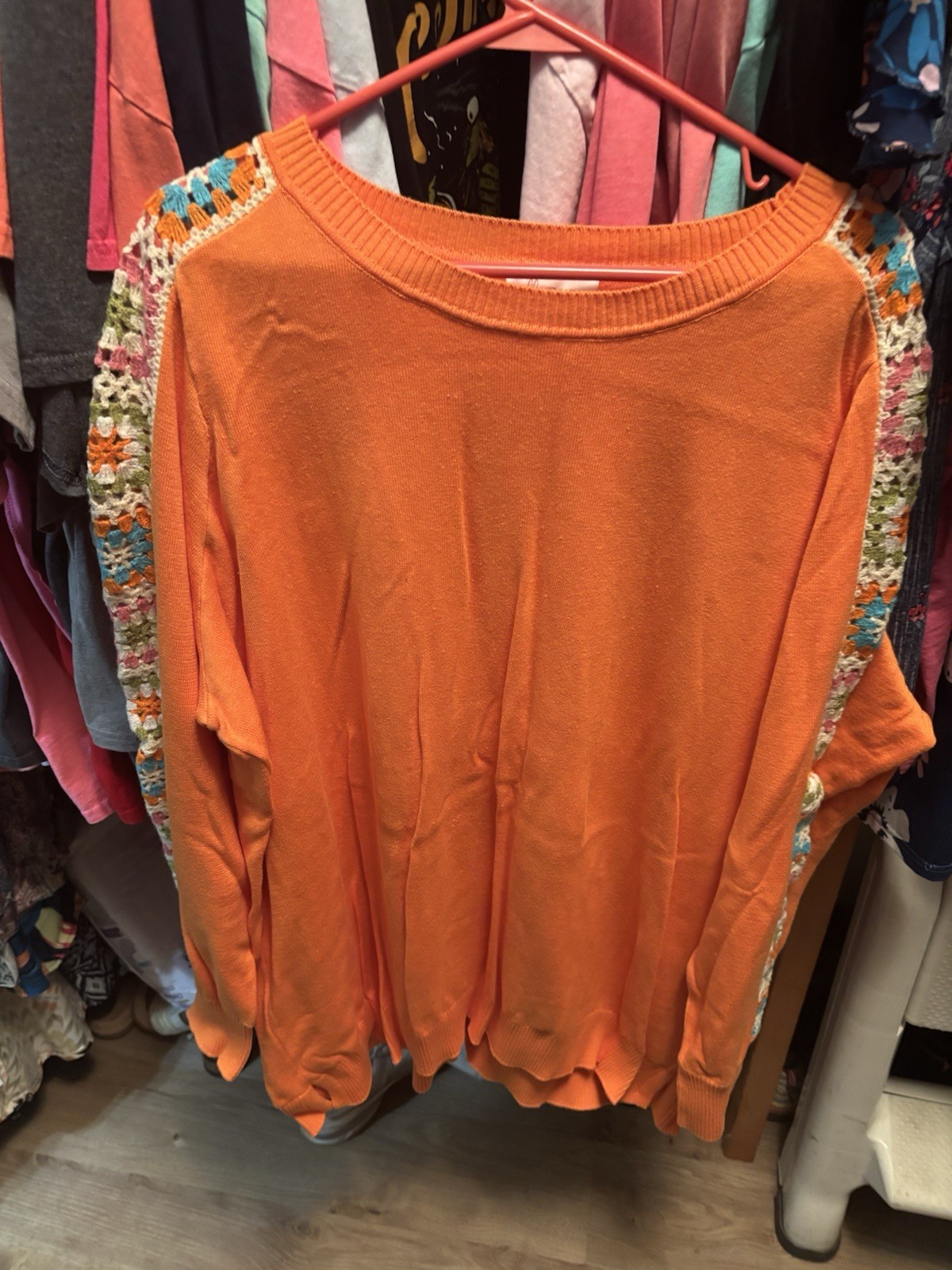 Belle Kim Gravel Women’s Plus 3X Orange Crewneck Pullover Knit Sweater Crochet