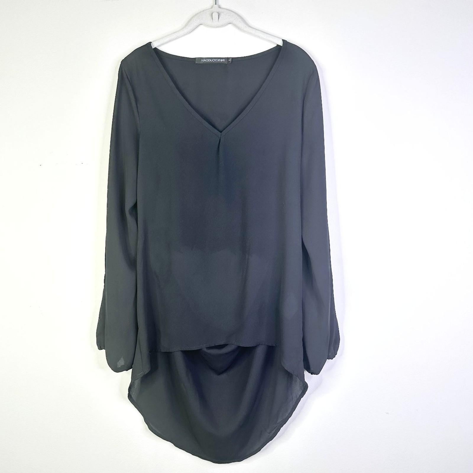 Haoduoyi Blouse Women L Black Chiffon V-neck Long Split Slv Open Back Lace Boho