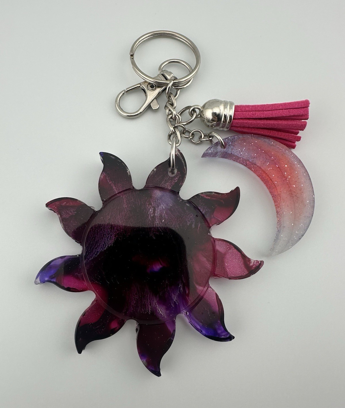 Handmade Purple Galaxy Resin Sun & Moon Keychain Tassel Celestial Bag Charm
