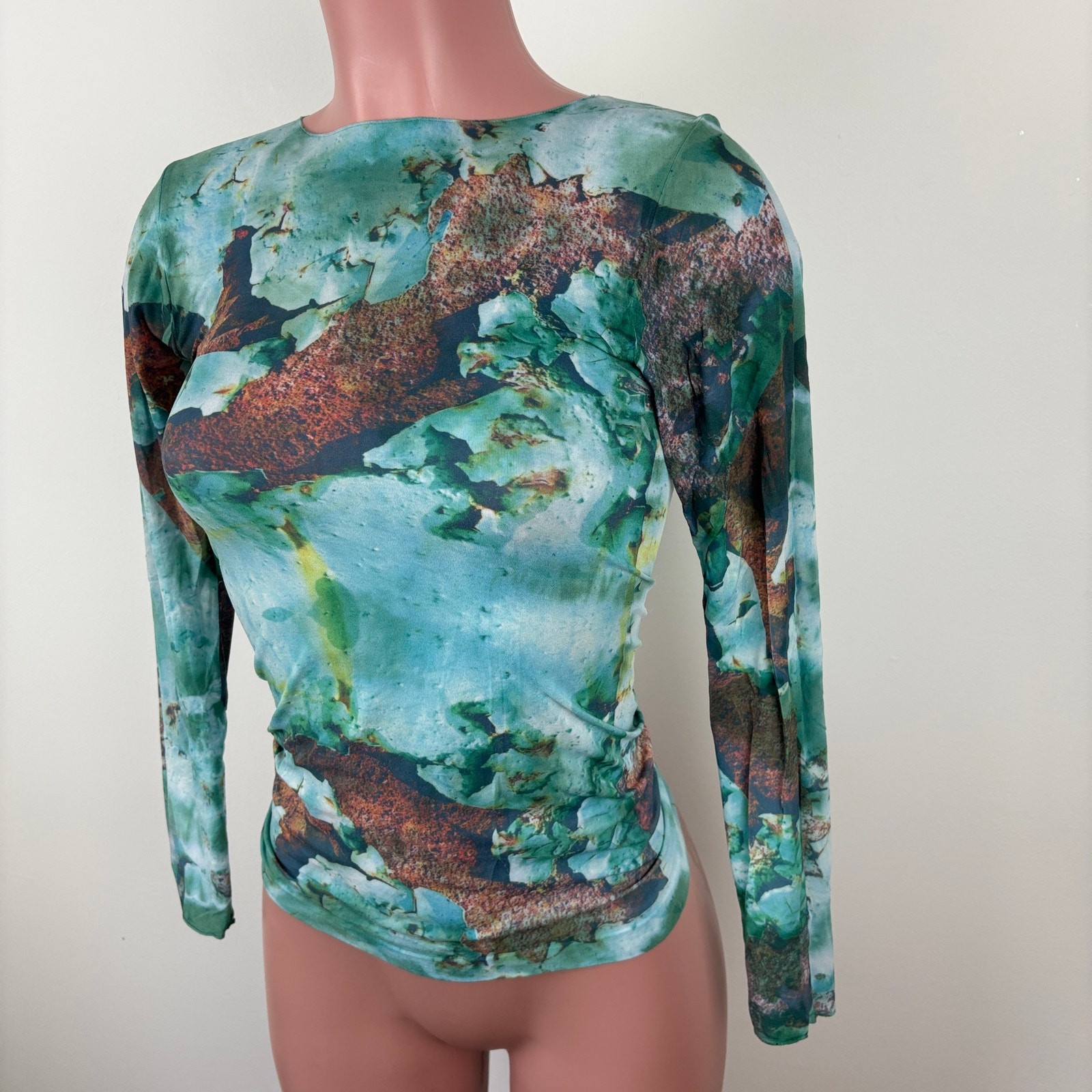 AMB second skin mesh top semi sheer green blue One Size tie dye