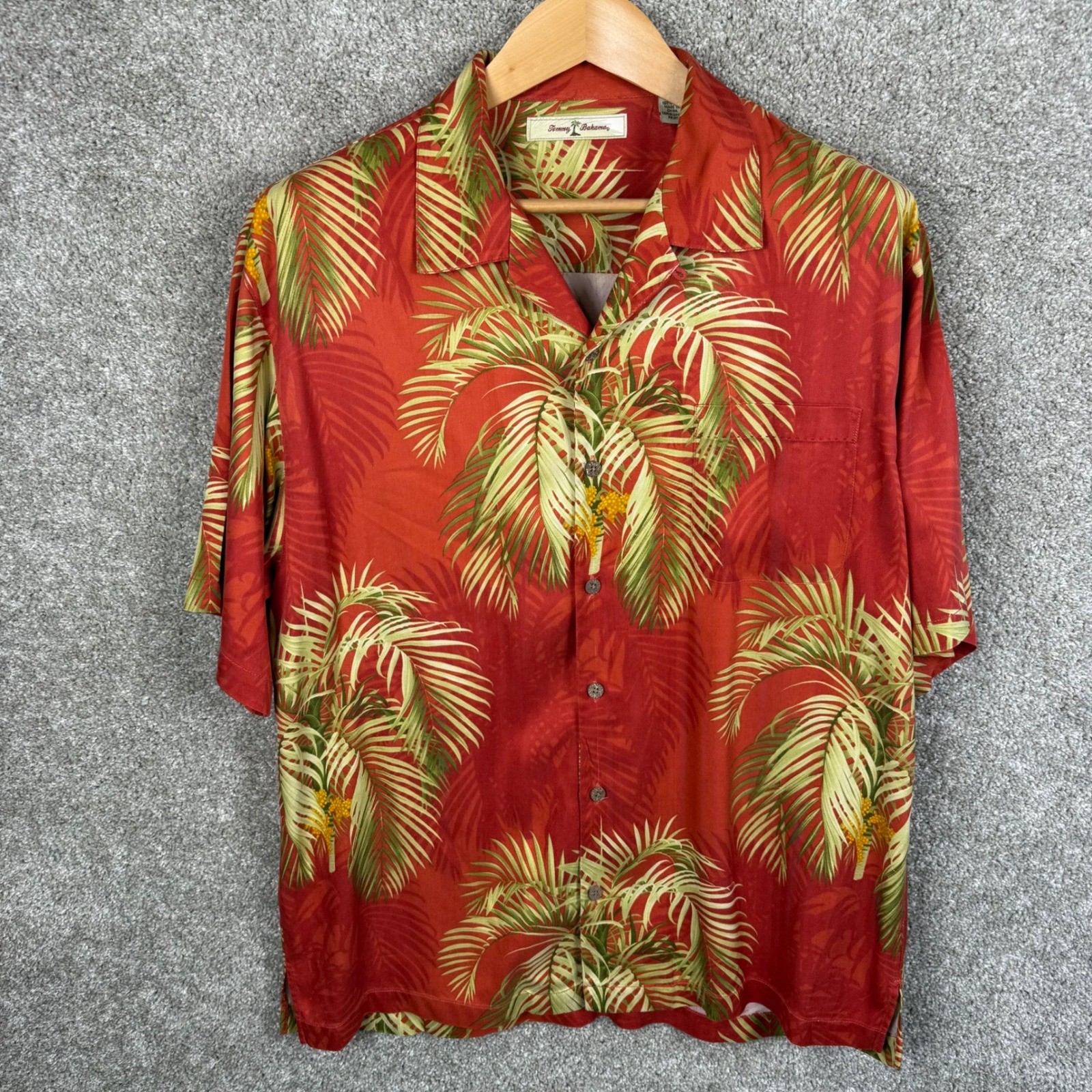 Tommy Bahama Mens Large Silk Tropical Palm Leaf Camp Shirt Red Short Sleeve