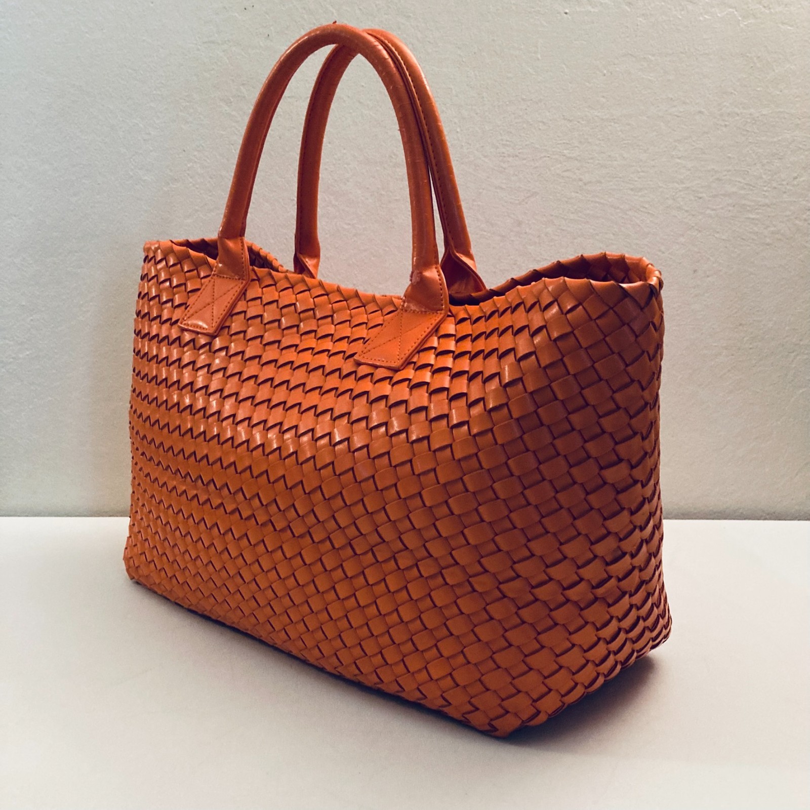 Woven Nappa Leather Tote Bag 21″ Intrecciato Shopper Lambskin Orange Large
