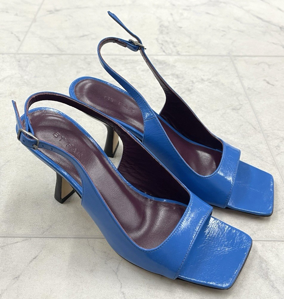 New BY FAR Lopez 80mm Leather Slingback Sandals In Blue Size:35 (US 5)