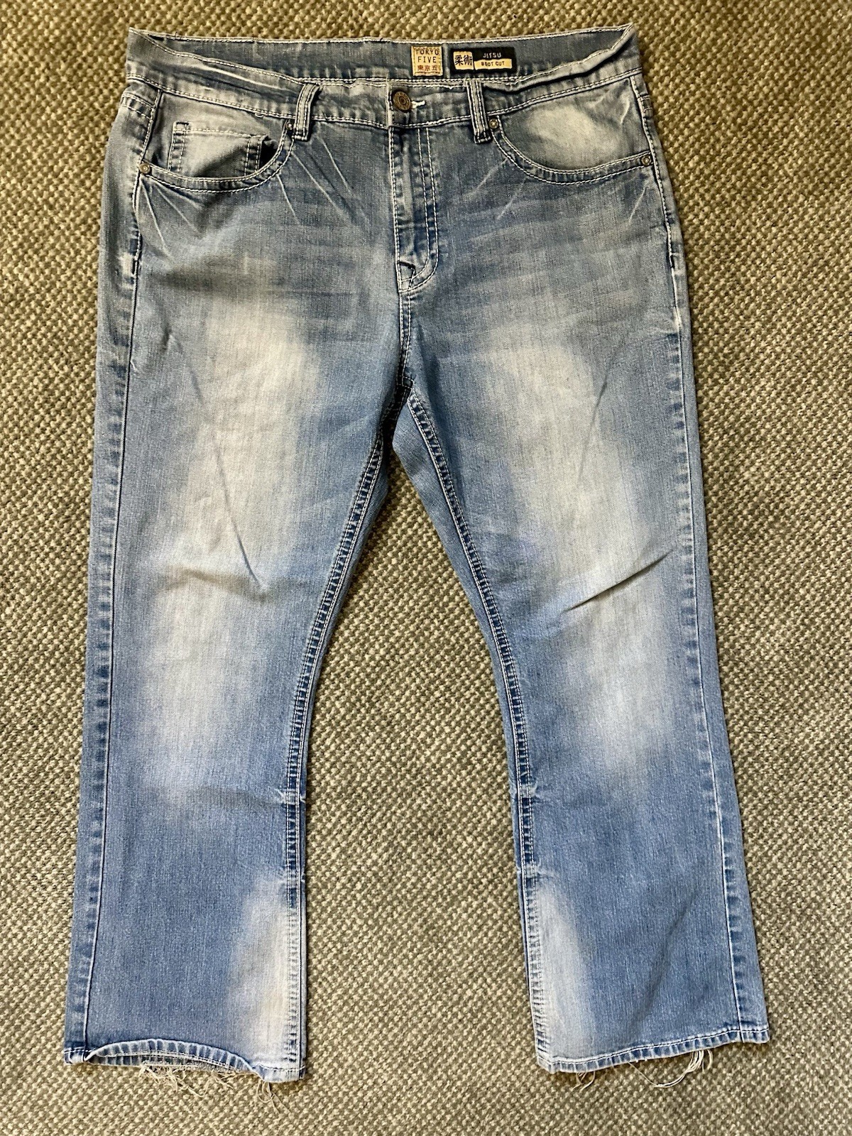 Y2K Tokyo Five Jitsu Bootcut Jeans 36×30. Heavy cross embroidery McBling grunge