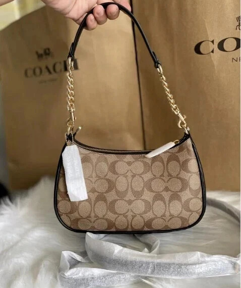 NWT COACH CA548 Teri Shoulder Bag In Signature Canvas Gold/Black Free Shipping