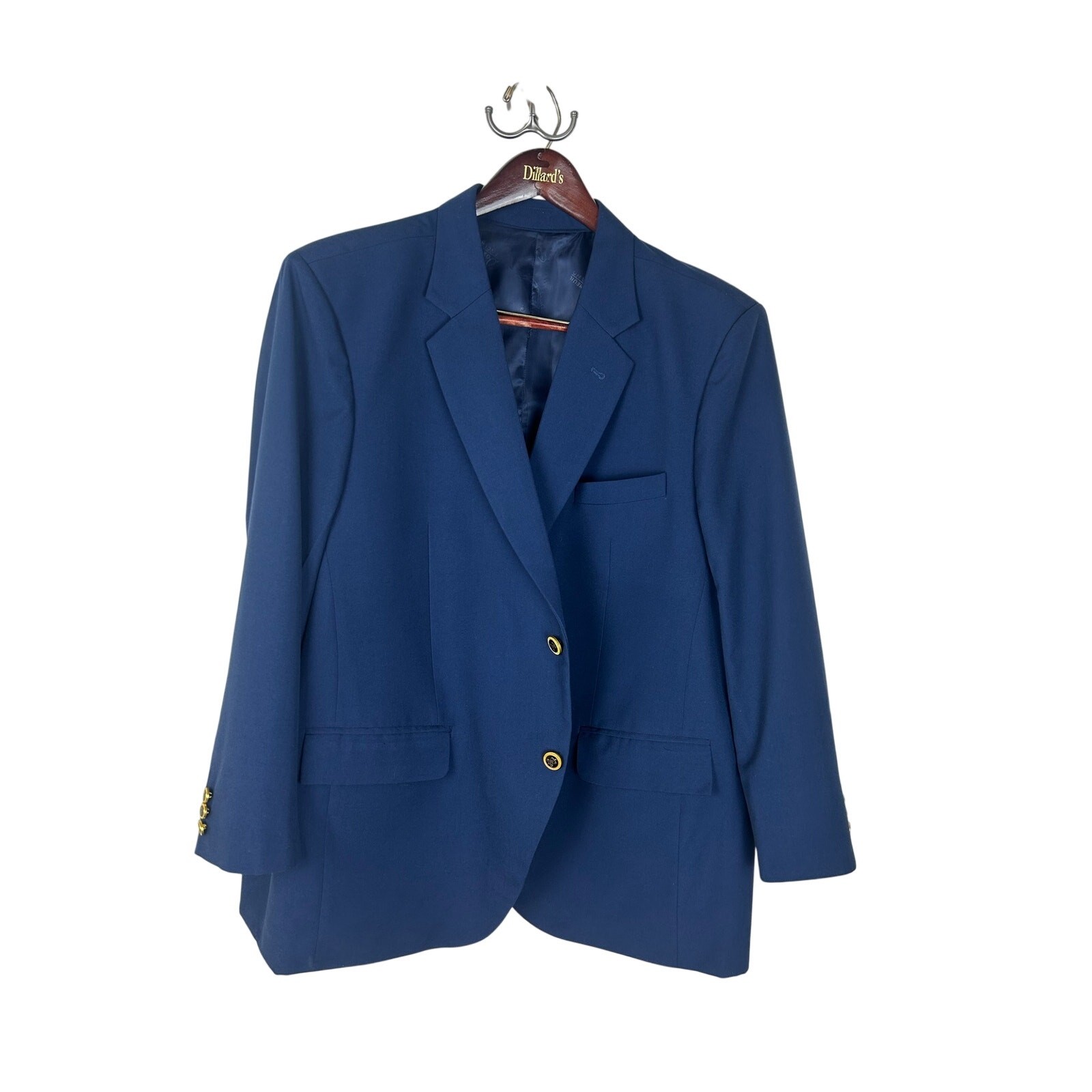 Bespoke Dormeuil England Fabric Navy Blazer — Gold Buttons, Peak Lapels US 50R