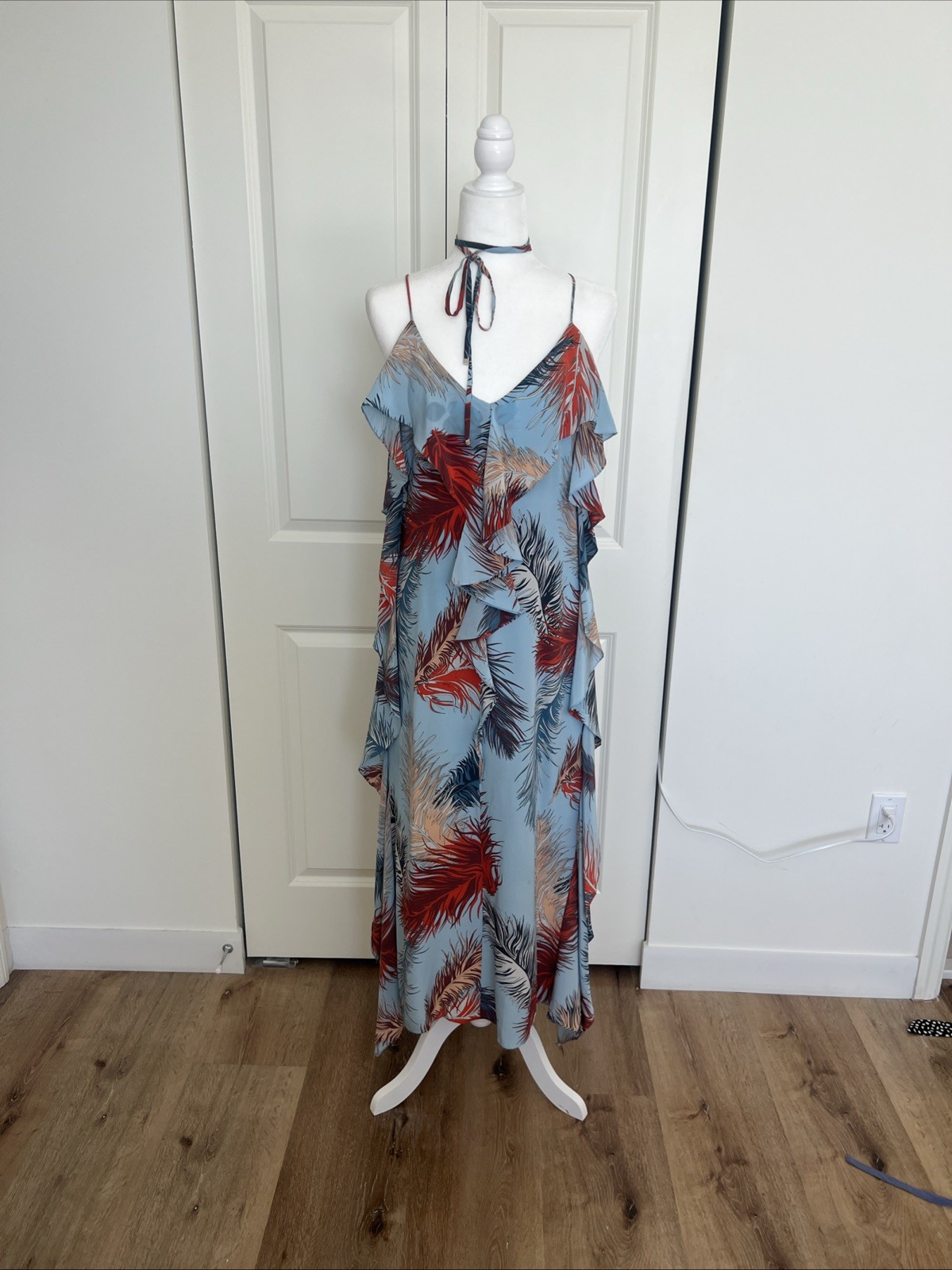 Emilio Pucci Blue Feather Print Silk Ruffle Midi Dress M