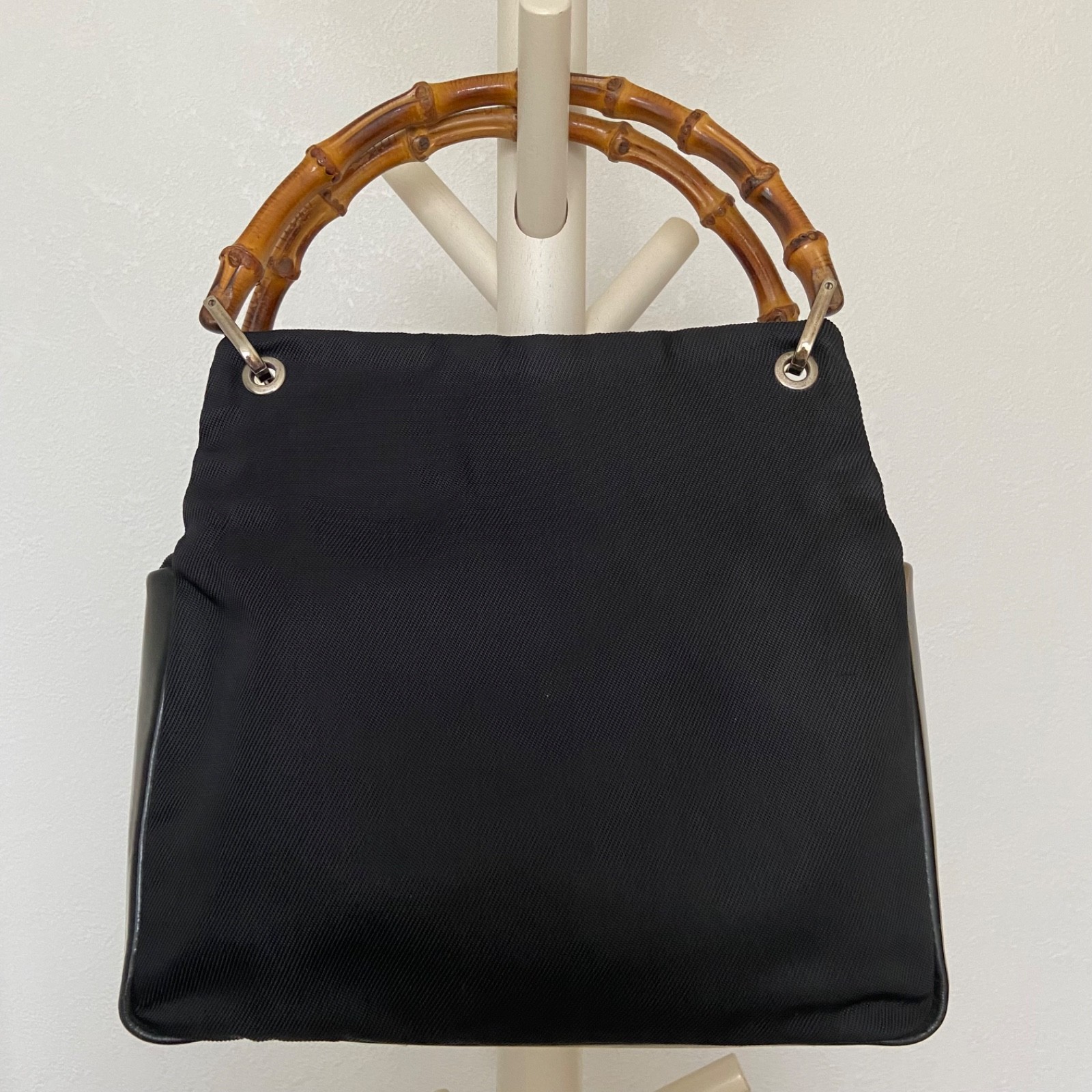 Authentic GUCCI Bamboo Shoulder Tote Bag Nylon Leather Black AB249