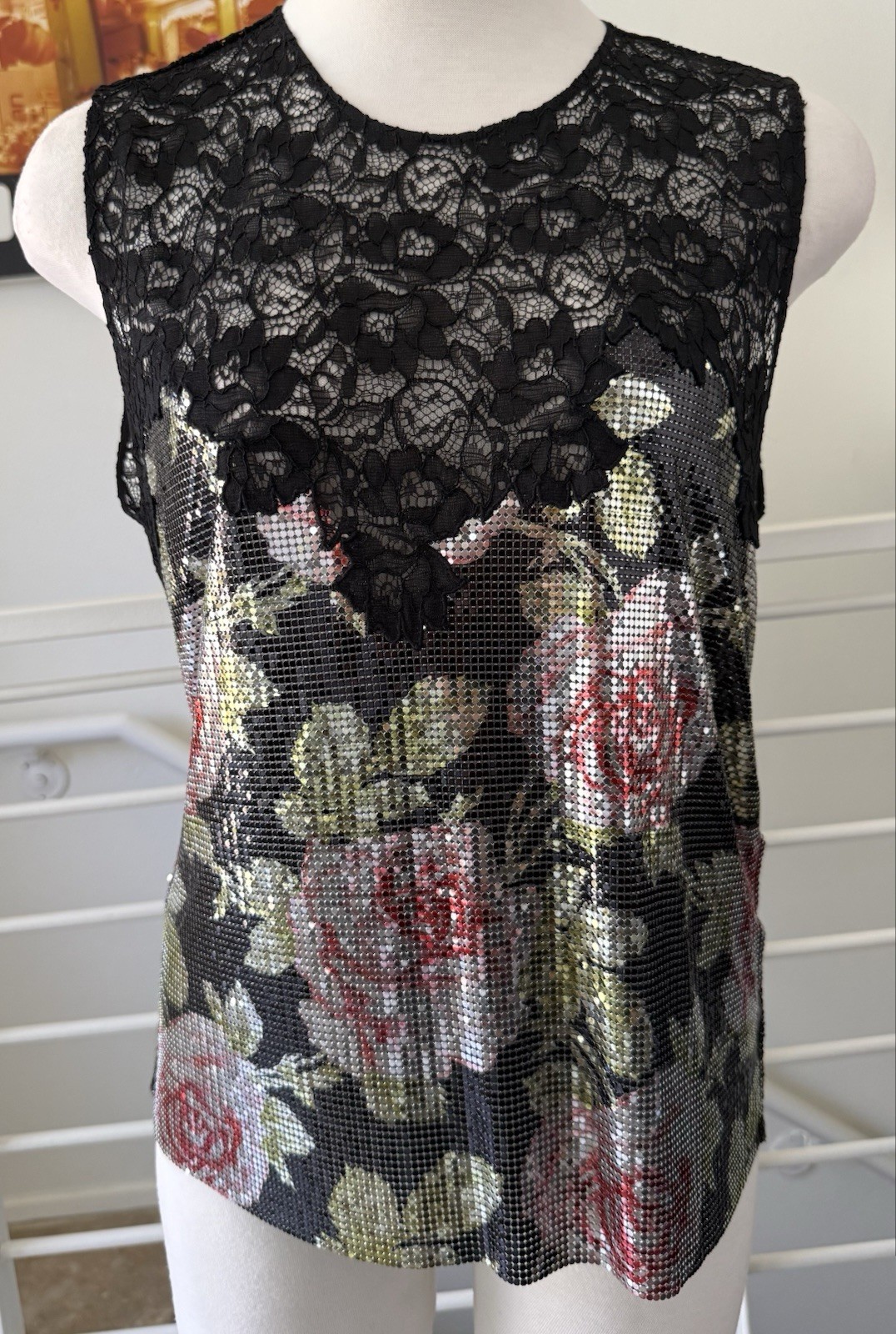 Paco Rabanne Floral-print Chainmail & Corded Black Lace Top Blouse Sz 38 FR/6 US