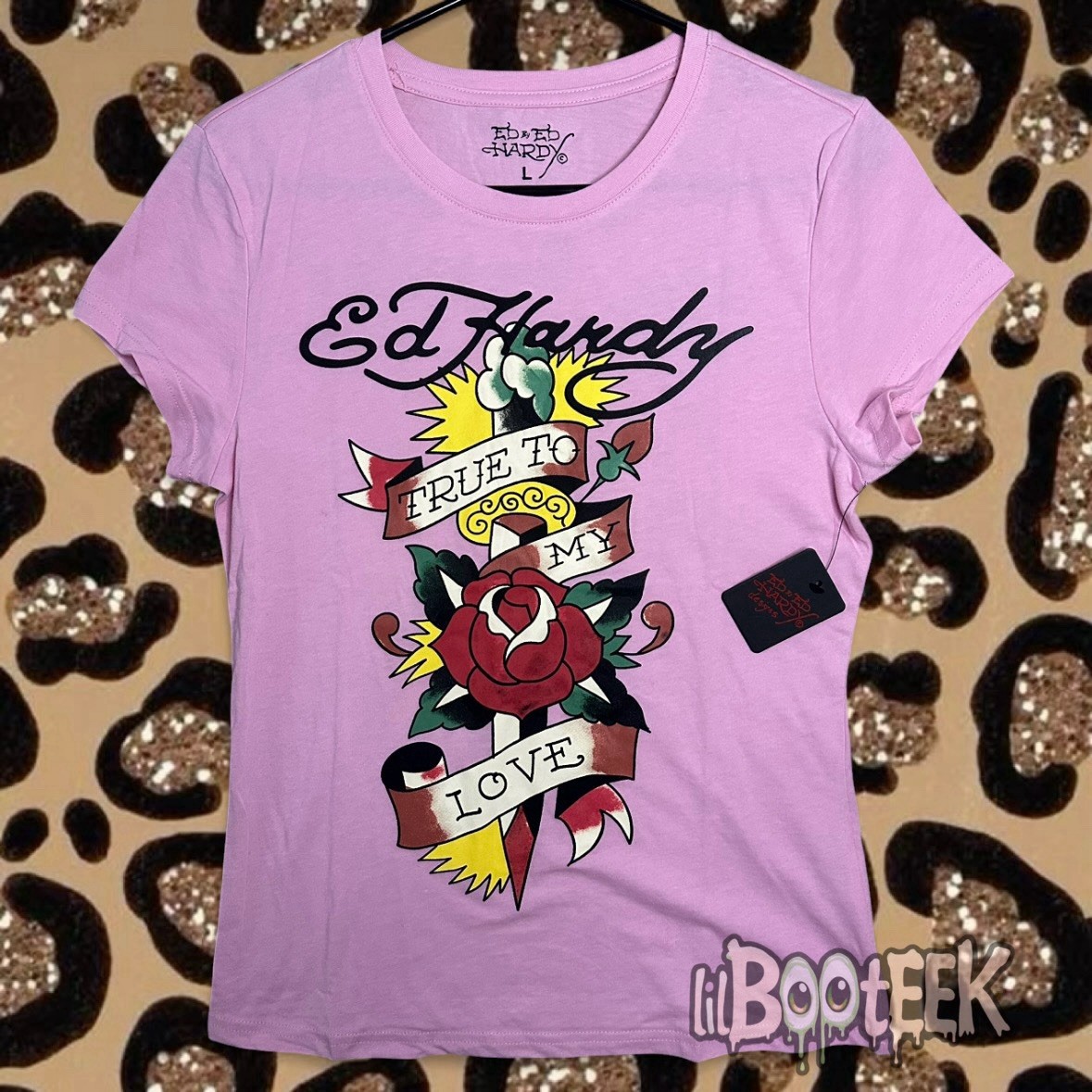 Ed Hardy Ladies LG True To My Love Graphic Tee – Bubble Gum Pink NEW VIRAL Y2K
