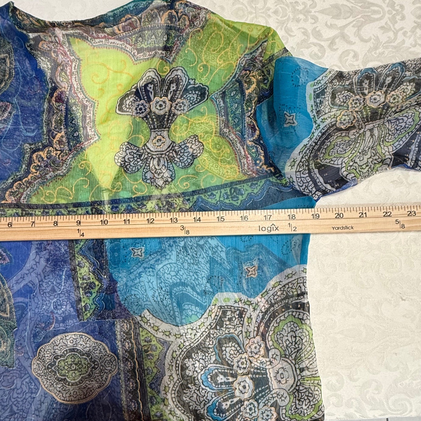 Bitter Apple Tunic Top Womens S/M Blue Paisley Beaded Sheer Boho V-Neck