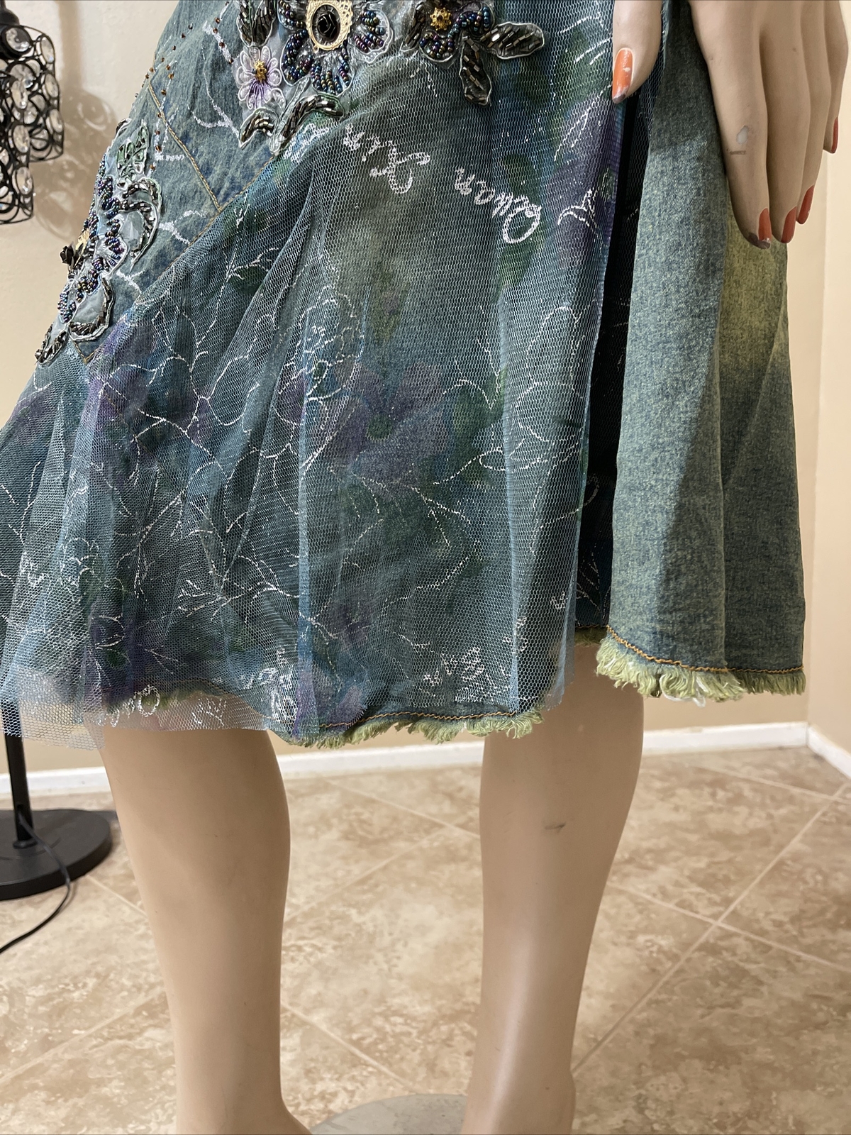 Women’s Aquamarine Denim Cotton Boho Beads Lace Stretch Size L(8-10) Skirt 3256