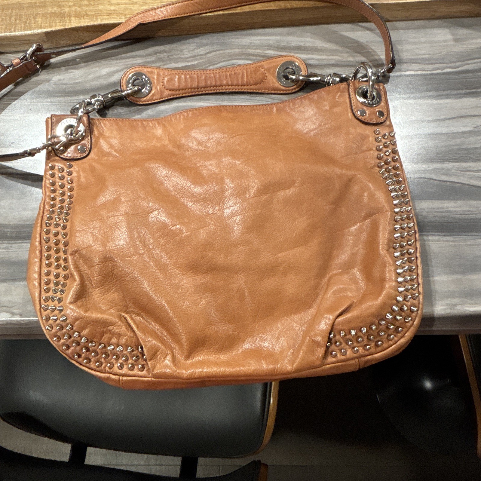 Rebecca Minkoff Brown Studded Shoulder Bag Detachable Strap Zip