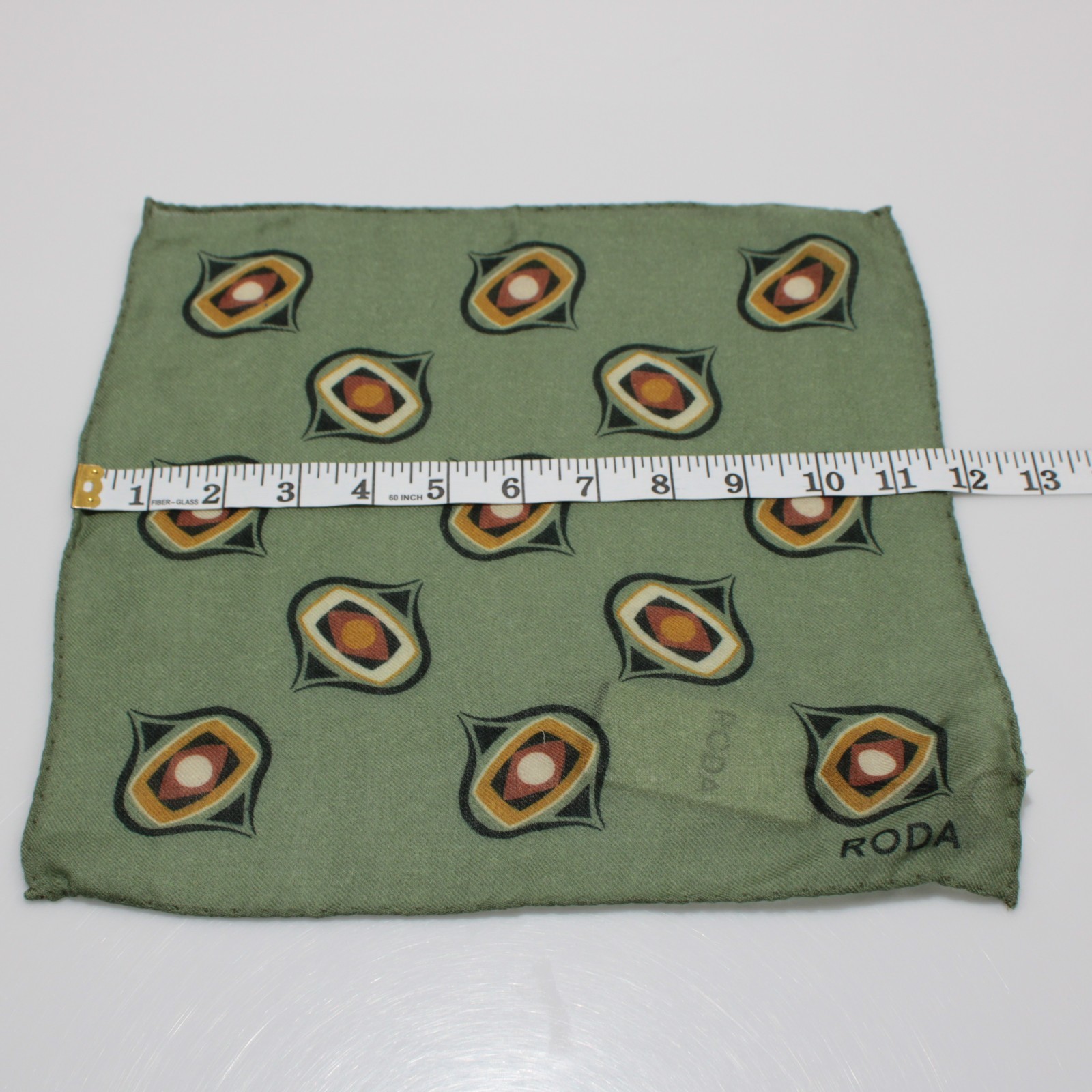 Roda NWT 100% Wool Pocket Square In Green w/ Black, Brown & Yellow Geometric