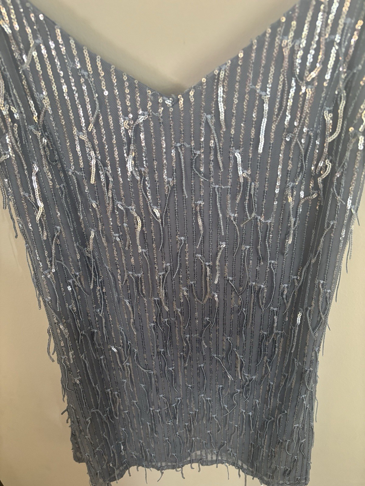 Blue Sequin Fringe Mini Dress Spaghetti Strap V-Neck Party Size L