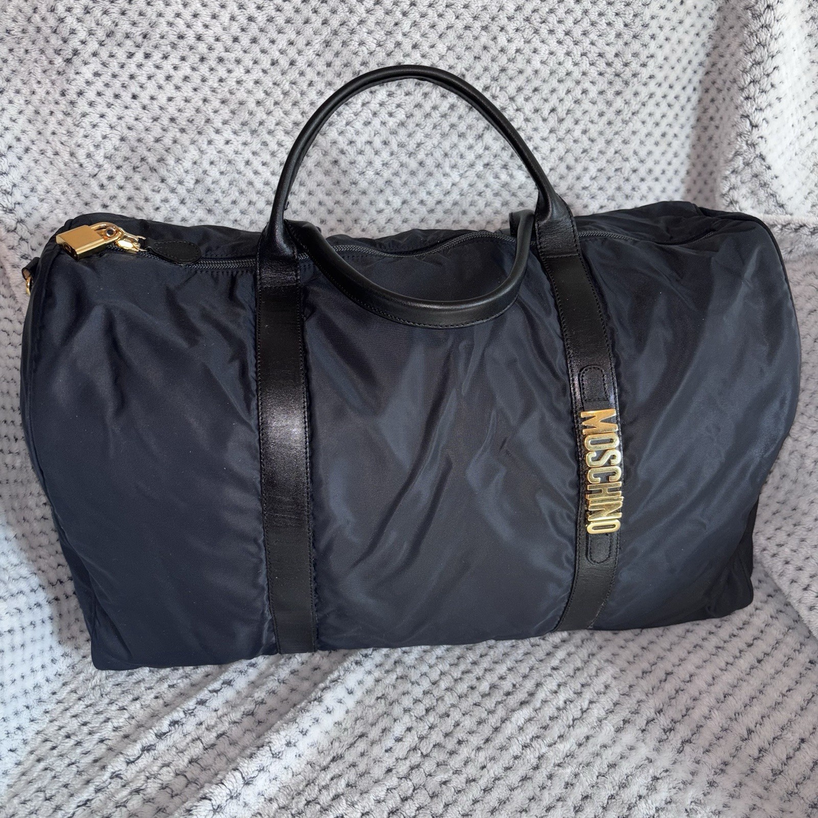 Moschino Redwall Italy Black Nylon Leather Block Leather Duffle Tote Bag “READ”
