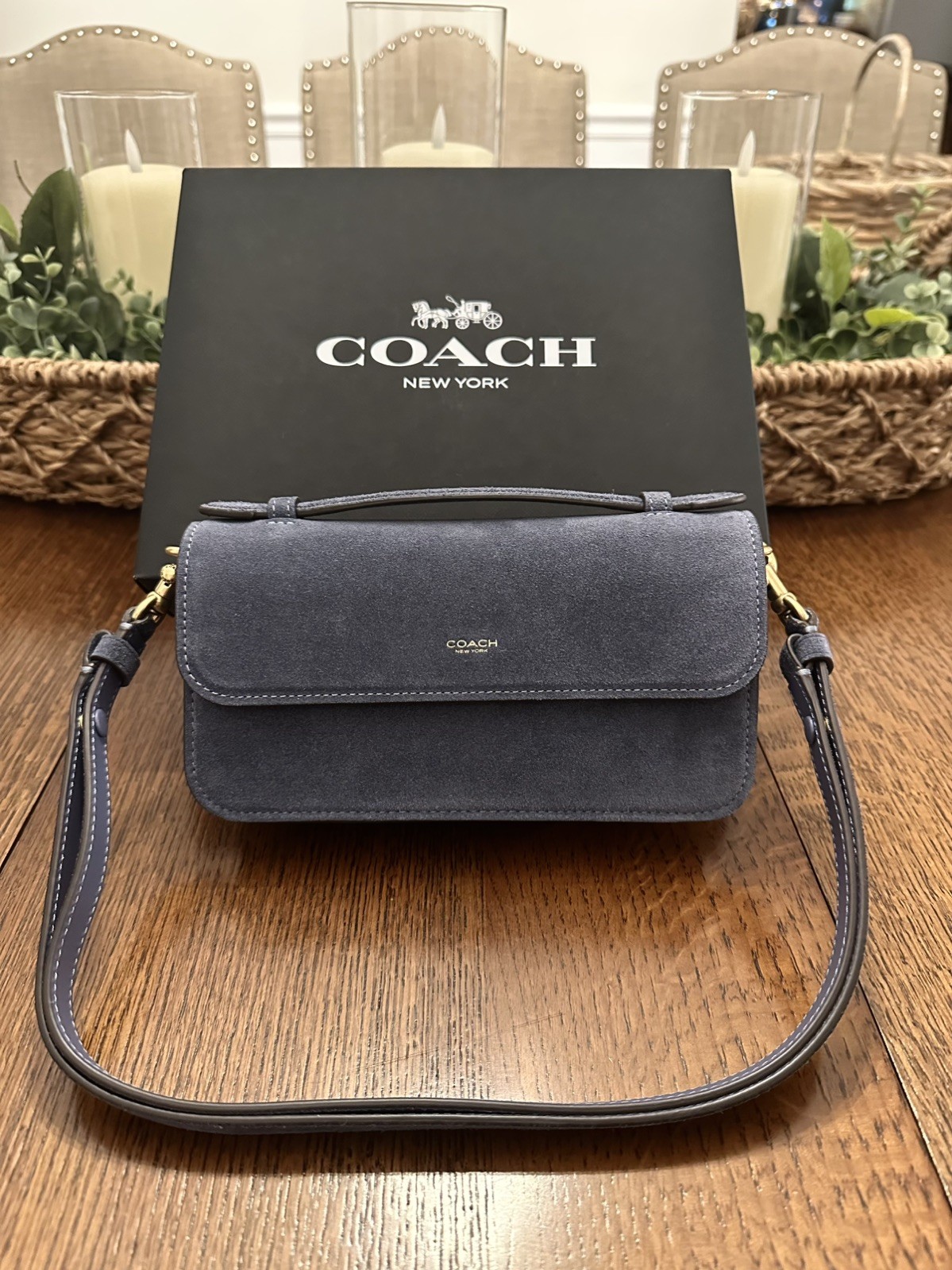NIB Coach Elora Top Handle Crossbody Bag – Premium Suede Light Denim Color CDD59