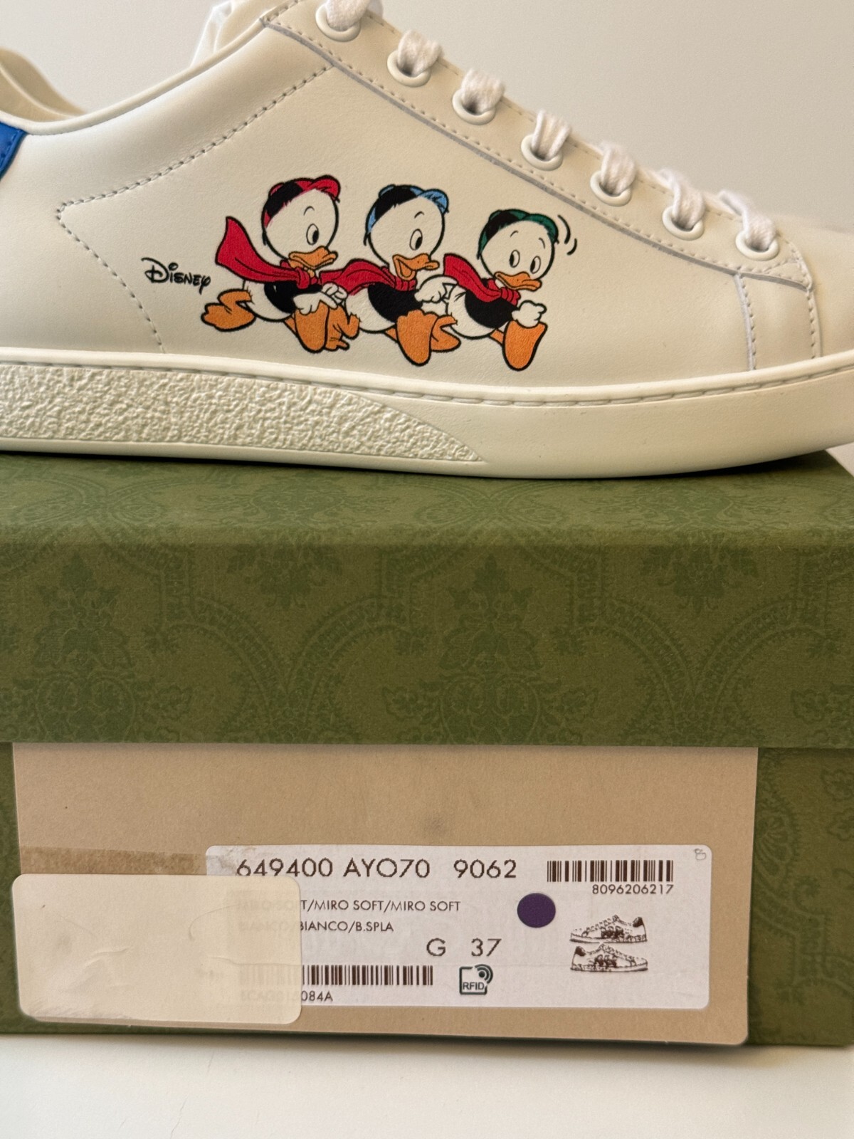 Gucci Disney Ace white leather sneaker Huey Louie Dewey Womens size 37eu 7 US