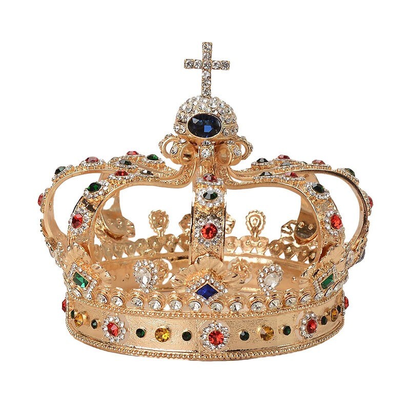 13cm Tall Large Men’s Cross Gold Crown Drama Imperial Medieval King Metal Crown