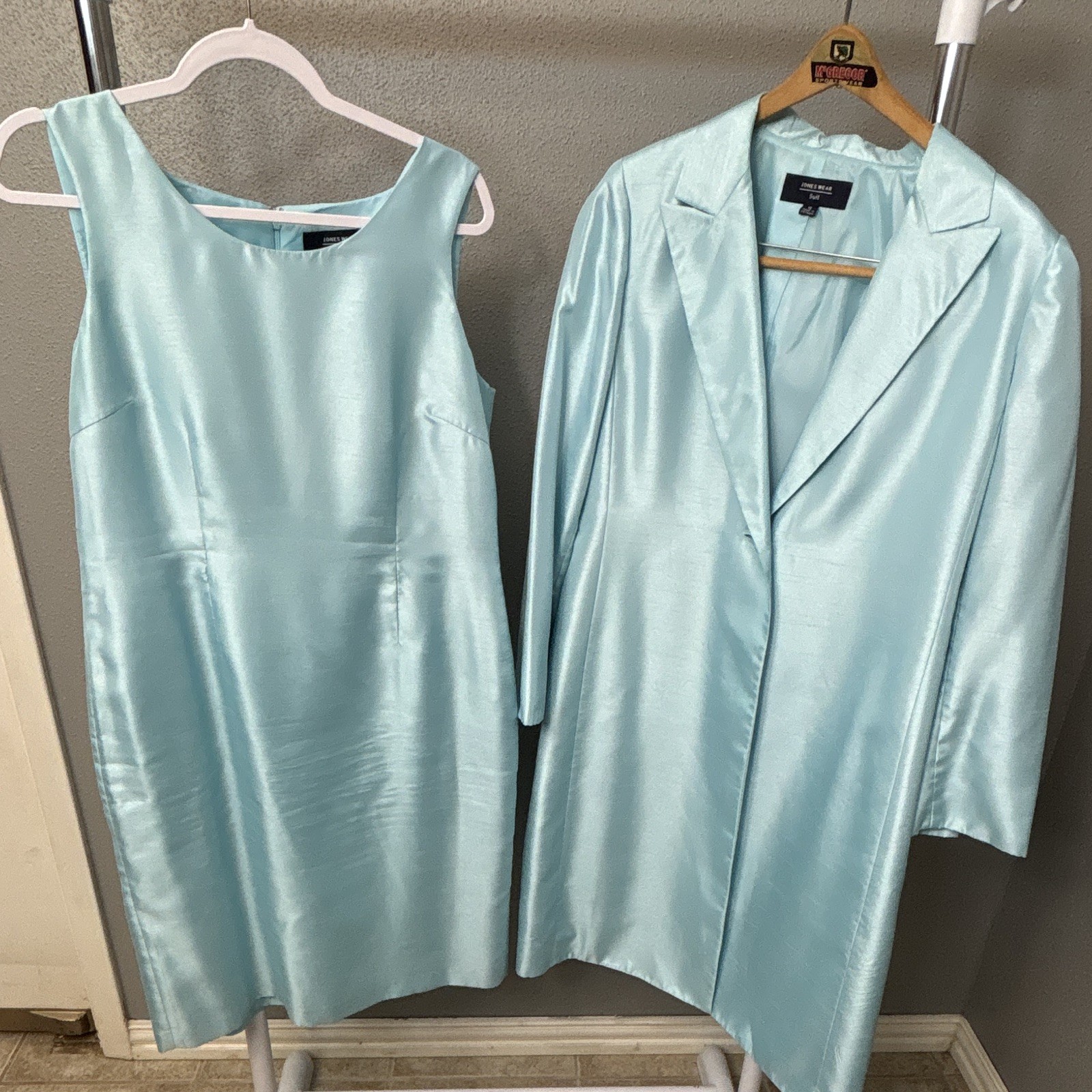 Jones Wear 2pc Jacket & Sleeveless Dress Suit Set Blue Satin Lined 12