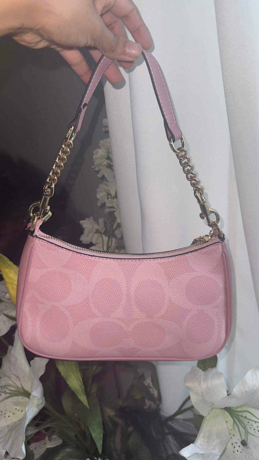 Coach Teri Shoulder Crossbody Bag Pink Signature Canvas Gold Hardware Purse