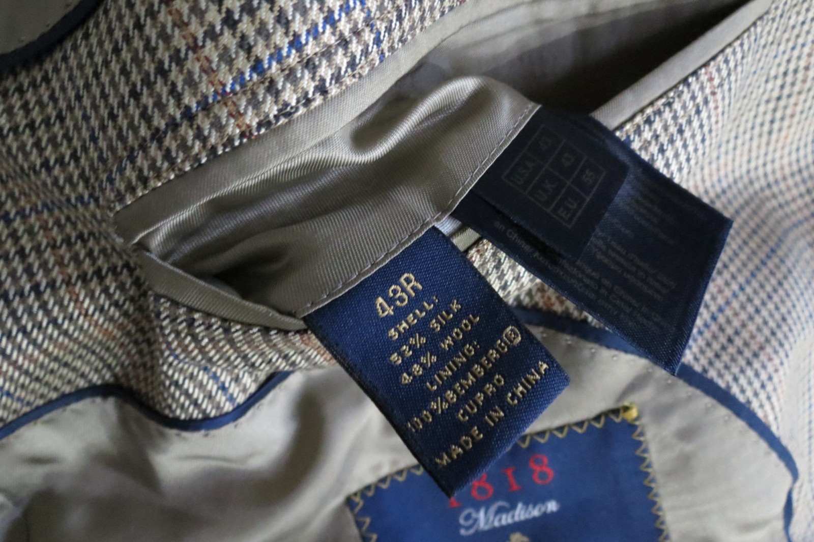 Brooks Brothers 1818 Madison Ethomas silk wool hounds tooth sport coat 43-44 R