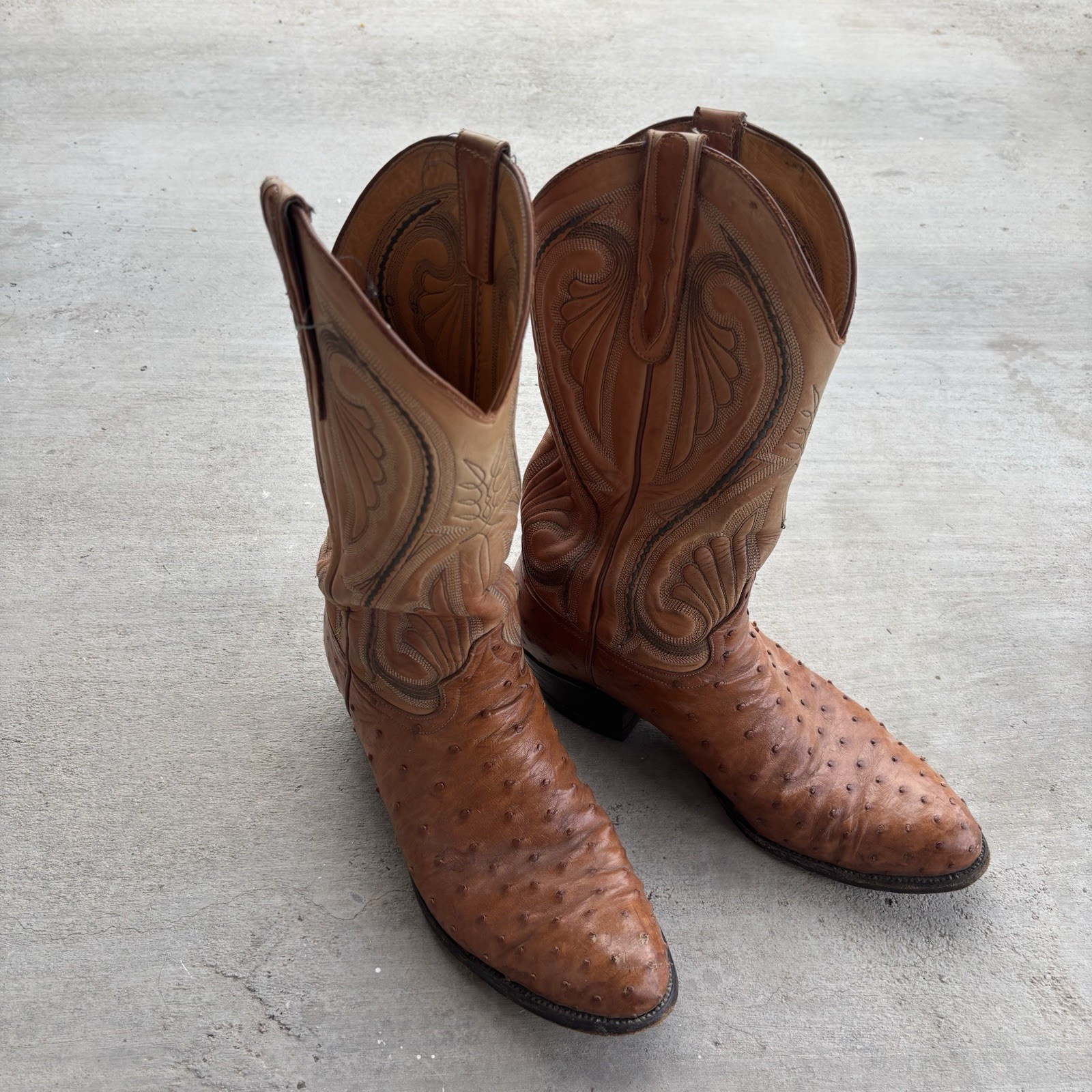 Larry Mahan Full Quill Ostrich Leather Cowboy Boots Cognac Brown Sz 9.5 Vintage