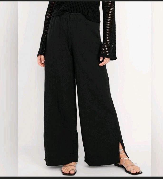 Old Navy Women’s Cotton Black Wide-Leg Pull-On Pants Elastic Waist Split Hem XXL