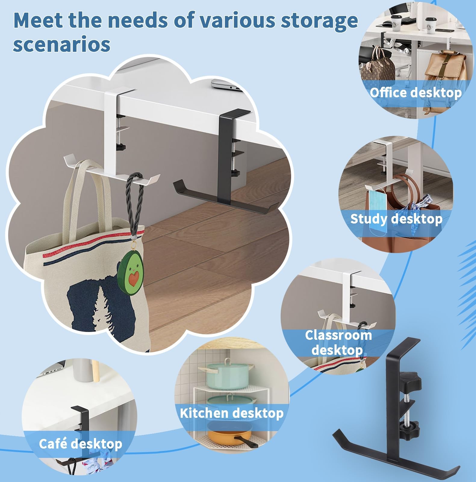 Adjustable Purse Hook For Table Single Bag Hanger Strong Metal 0.62-2.36 In