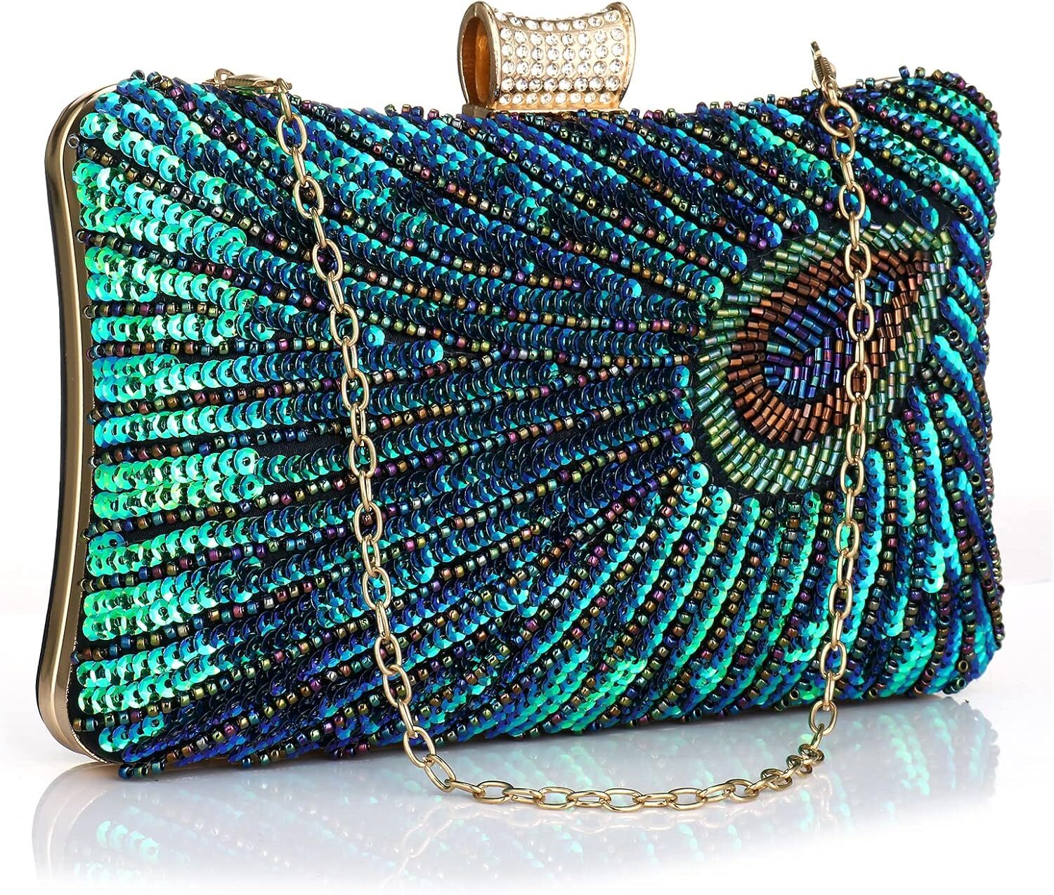 Beaded Sequin Peacock Evening Clutch Bags Party Wedding Purse 7.9*4.7*2.4 in