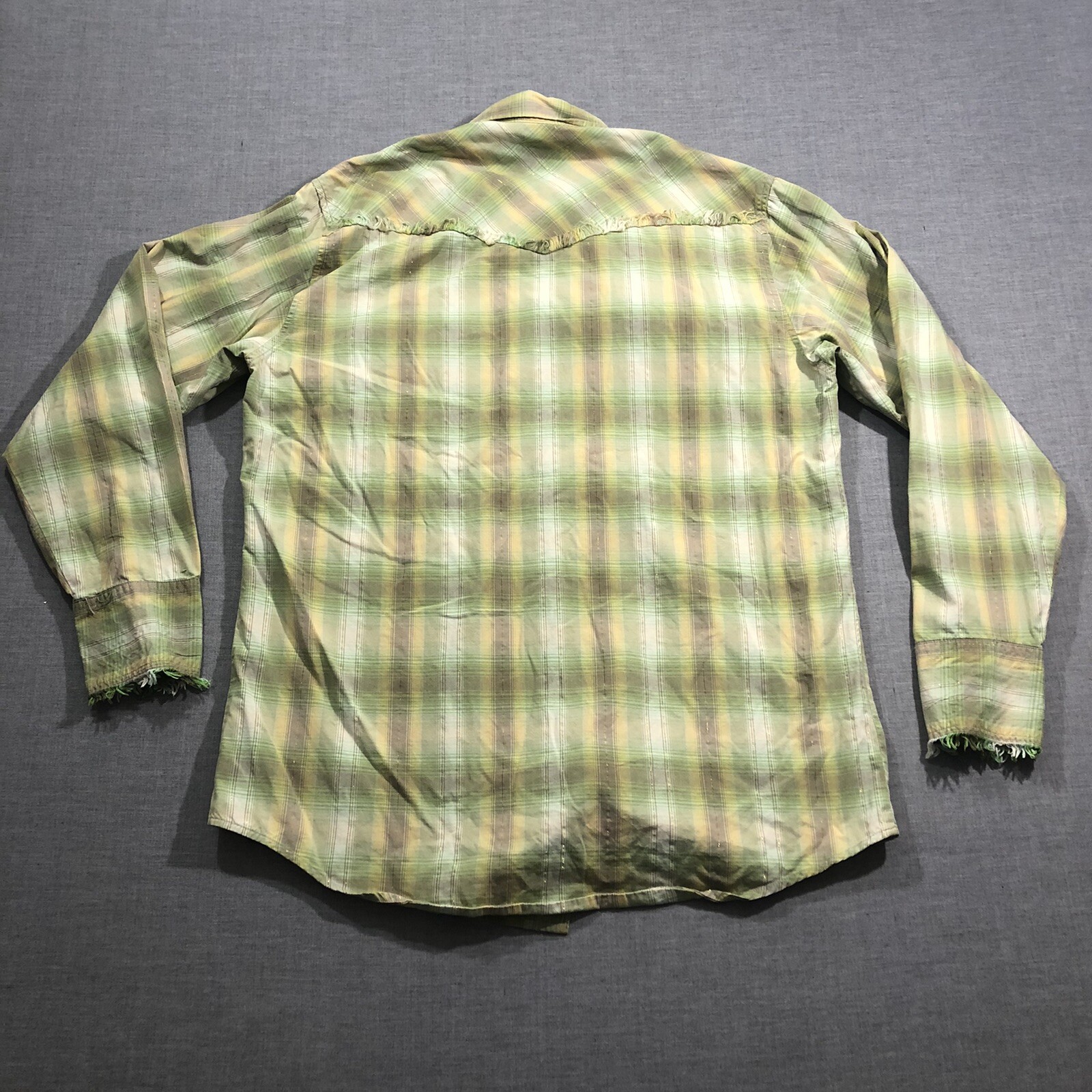 Roper Shirt Mens Large Green Plaid Pearl Snap Western Distressed Fringe Metallic