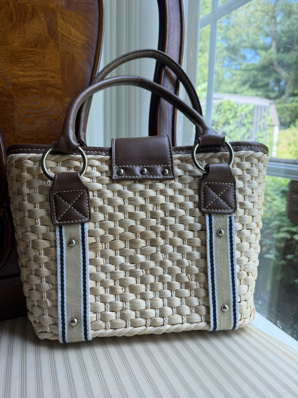 Chaps Basket Weave Purse Tote 10in x 8in brown leather handles Preowned
