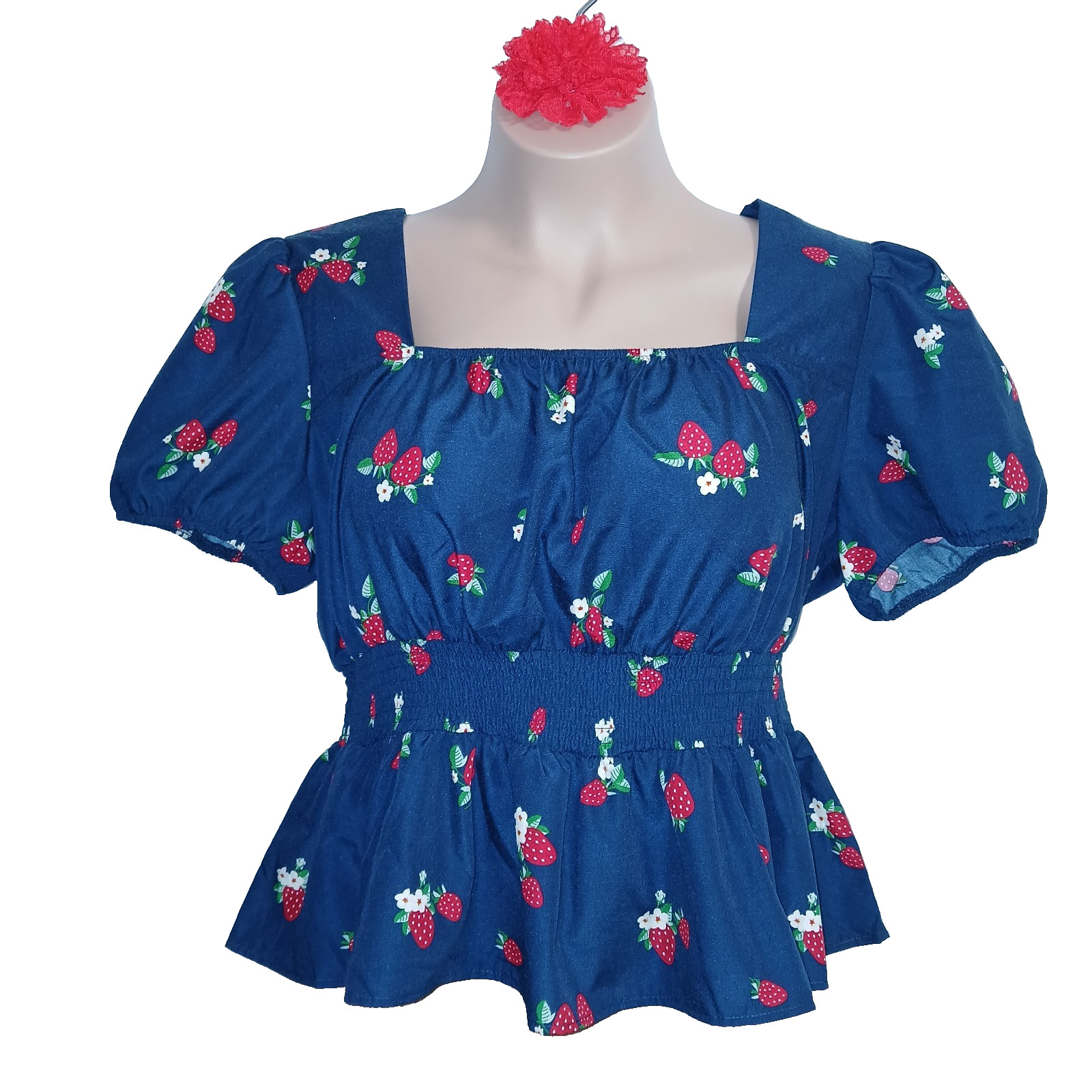 Hesperus Women Strawberry Peplum Top 3X Blue Fruit Floral Smocking Cottagecore