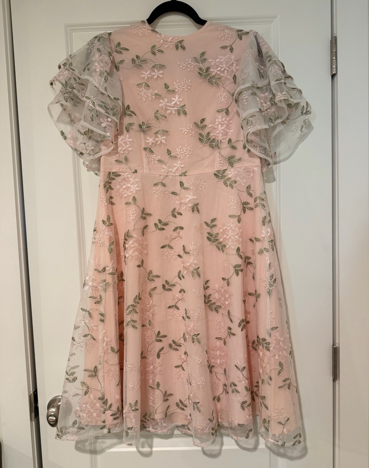 JESSAKAE Pink Floral Embroidered Tulle Puff Sleeve A-Line Dress Women L