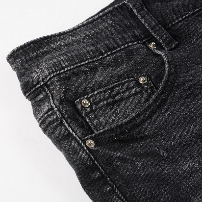 Men’s Black Skinny Stretch Jeans with Pink Patchwork Rips, Raw Hem, Button Waist