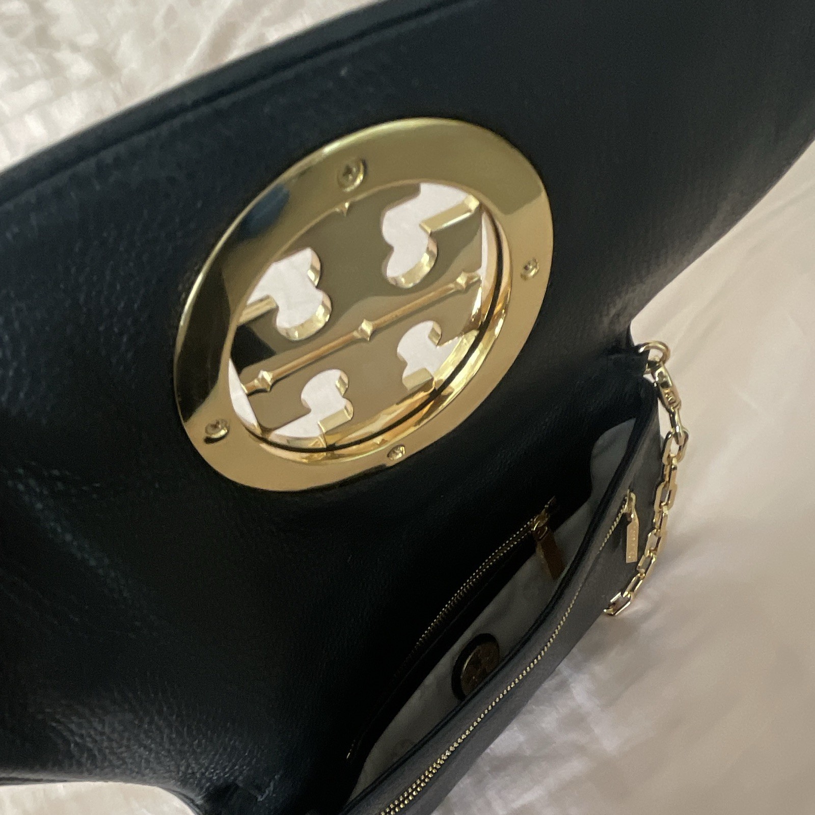 Tory Burch Black Logo Small Crossbody Shoulder Bag Gold Chain Magnetic Flap
