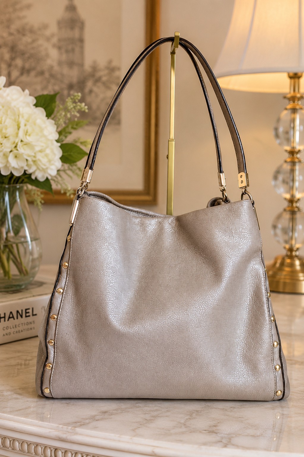 Coach Phoebe Champagne Metallic Pebbled Leather Hobo Shoulder Bag Studded