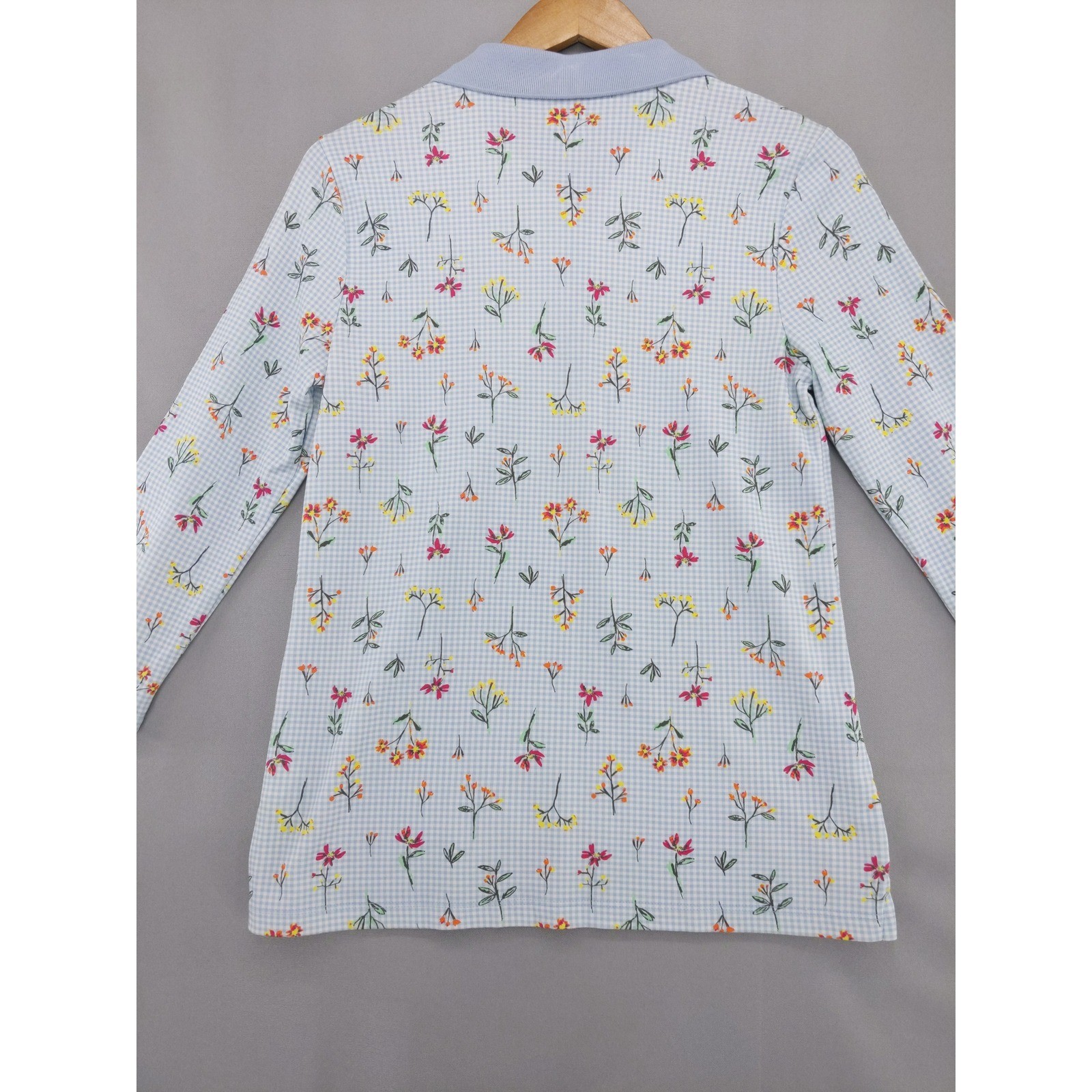 Lands’ End Polo Shirt Womens S Blue Floral Gingham 3/4 Sleeve Cotton Blend