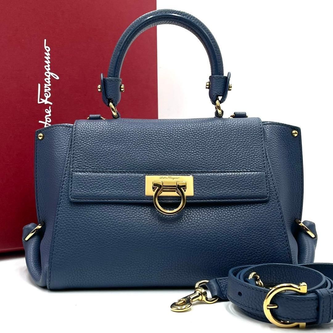 Salvatore Ferragamo Sofia 2way Gancini Leather Handle Crossbody Blue Gold Auth