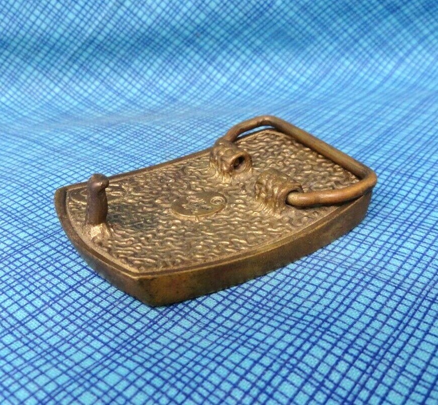 Exotic Wood Stone Brass Inlay Landscape Art Dress Belt Buckle Vtg 70’s DS.DBD473