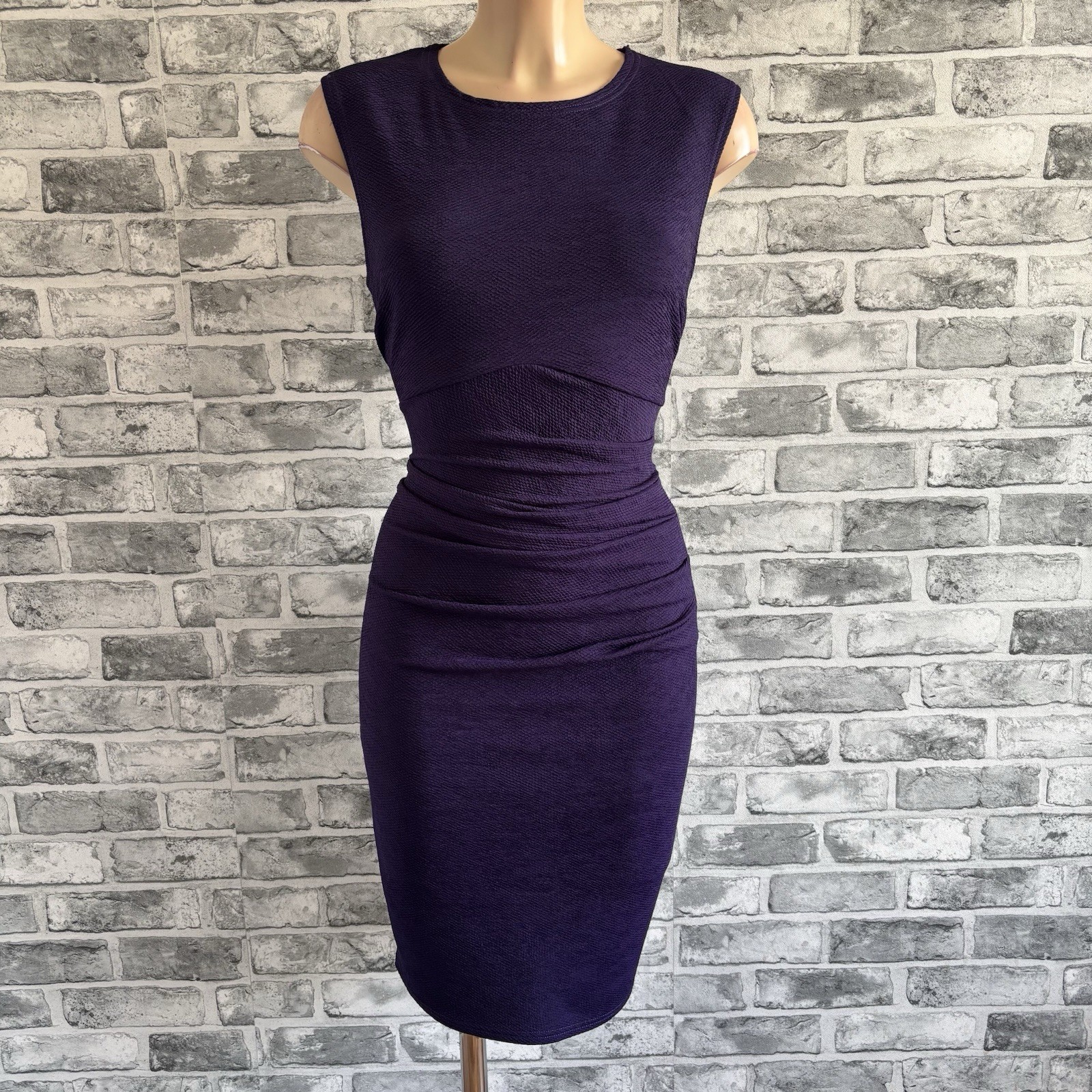 014 Purple Ruched Smart Casual Pencil Knee Length Dress